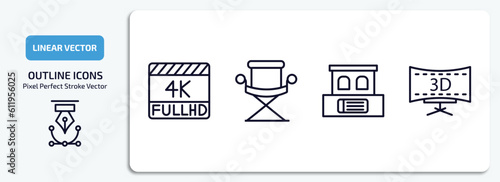 cinema outline icons set. cinema thin line icons pack included 4k fullhd, director film chair, box office, 3 dimension screen vector.