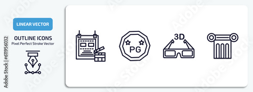cinema outline icons set. cinema thin line icons pack included film poster, parental guidance, 3d movie, theatre pillar vector.