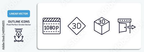 cinema outline icons set. cinema thin line icons pack included 1080p full hd, 3d text, 3d, cinema exit vector.