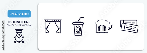 cinema outline icons set. cinema thin line icons pack included cinema curtains, papper cup with straw, hurdy gurdy, tickets vector.