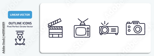 cinema outline icons set. cinema thin line icons pack included cinema clapperboard, television with antenna, image projector, dslr camera vector.