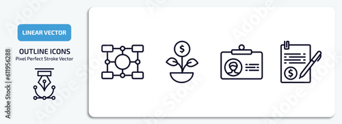 business outline icons set. business thin line icons pack included item interconnections, money investment, color business card, bailment vector.