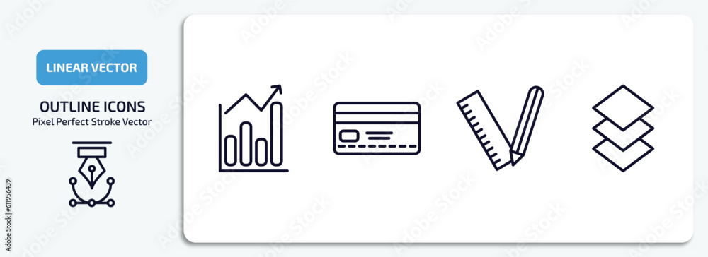 business outline icons set. business thin line icons pack included statistical chart, banking card, maths tool, stack vector. business outline icons set. business thin line icons pack included statistical chart, banking card, maths tool, stack vector.