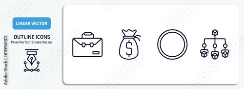 business outline icons set. business thin line icons pack included business, money sack, full circle, hierarchical order vector.