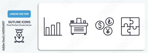 business outline icons set. business thin line icons pack included graphic chart, director desk, currencies, puzzle game piece vector.