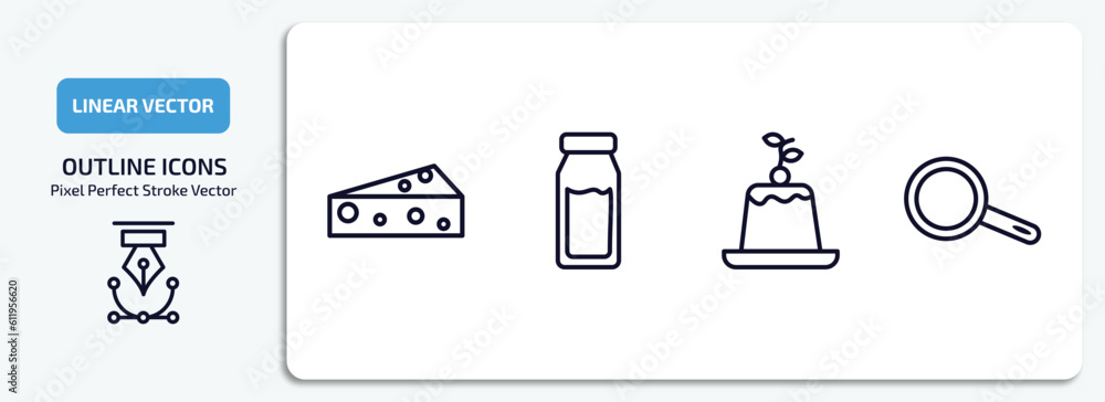 collection. thin linear outline icons set. collection. thin linear thin line icons pack included piece of cheese, milk brick, creme caramel, frying pan from top vector. collection. thin linear outline icons set. collection. thin linear thin line icons pack included piece of cheese, milk brick, creme caramel, frying pan from top vector.