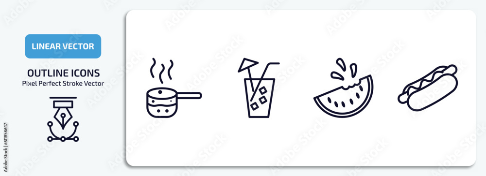 bistro and restaurant outline icons set. bistro and restaurant thin line icons pack included boiling water pan, lemonade with straw, watermellon slice, hot dog with ketchup vector.