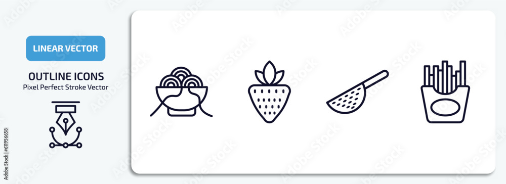 bistro and restaurant outline icons set. bistro and restaurant thin line icons pack included spaghetti bolognese, strawberry drawing, strainer with handle, french fries box vector. bistro and restaurant outline icons set. bistro and restaurant thin line icons pack included spaghetti bolognese, strawberry drawing, strainer with handle, french fries box vector.