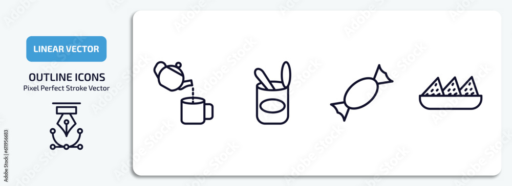 bistro and restaurant outline icons set. bistro and restaurant thin line icons pack included pouring coffe, open tin with spoon, candy balls, nachos plate vector.