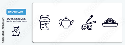 bistro and restaurant outline icons set. bistro and restaurant thin line icons pack included jar full of food, vintage teapot, sushi piece, plate of spaghetti vector.