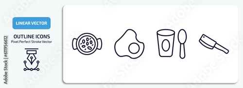 bistro and restaurant outline icons set. bistro and restaurant thin line icons pack included paella with parwns, restaurant fried egg, yogurt with spoon, butcher knife vector.