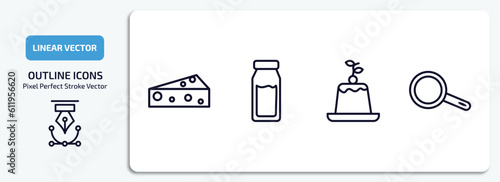 collection. thin linear outline icons set. collection. thin linear thin line icons pack included piece of cheese, milk brick, creme caramel, frying pan from top vector.