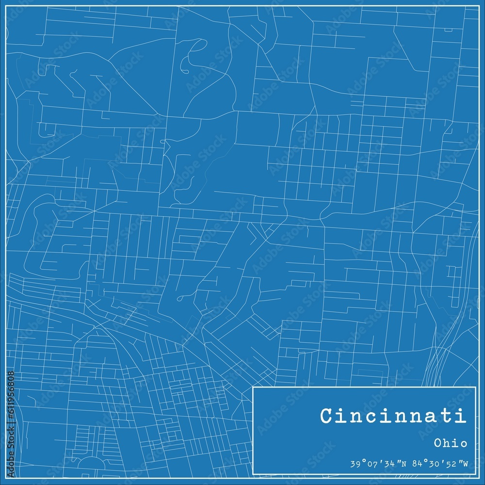 Blueprint US city map of Cincinnati, Ohio. Blueprint US city map of Cincinnati, Ohio.