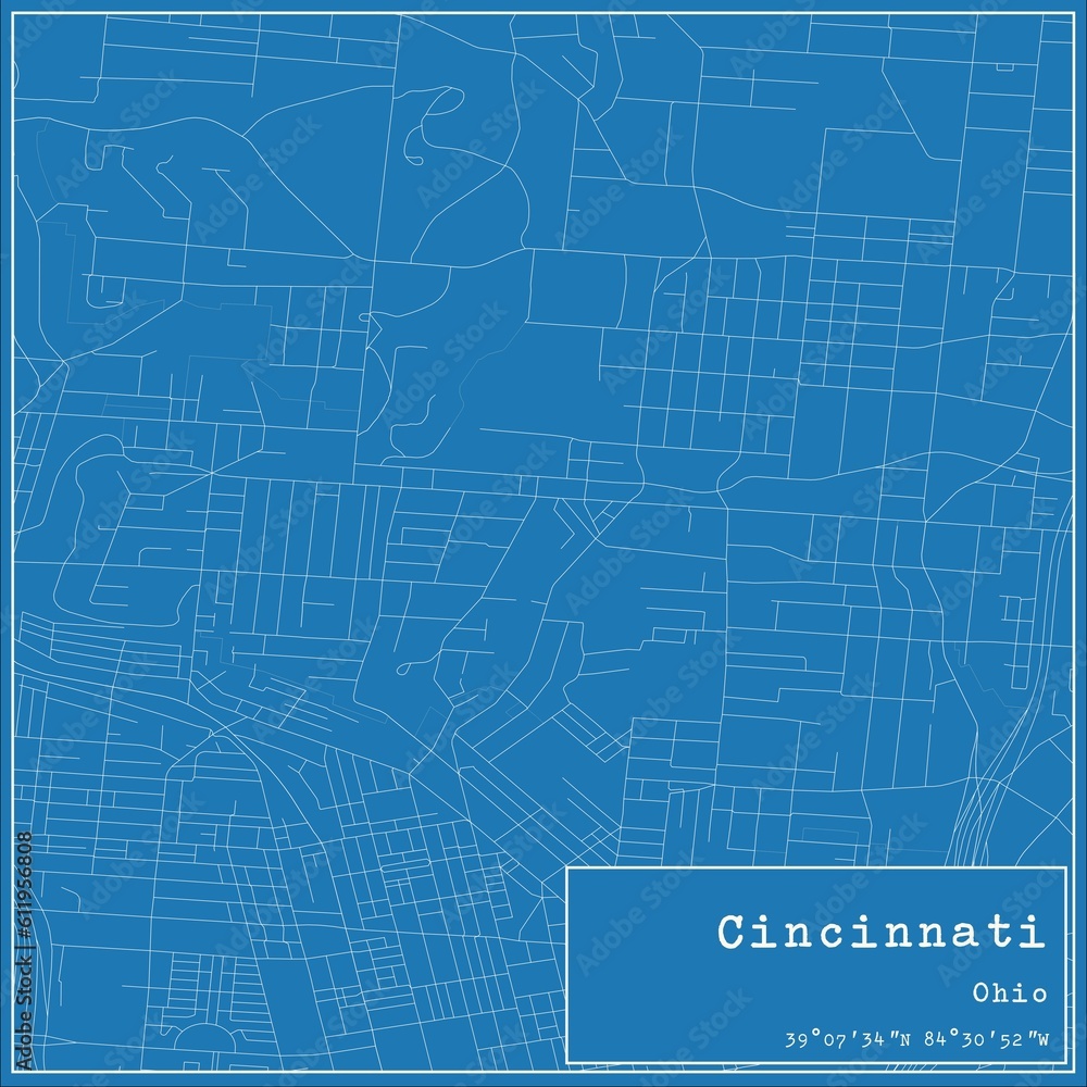 Blueprint US city map of Cincinnati, Ohio.