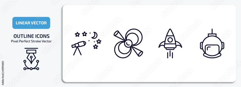 astronomy outline icons set. astronomy thin line icons pack included astronomy, pulsar, rocket start, astranaut helmet vector. astronomy outline icons set. astronomy thin line icons pack included astronomy, pulsar, rocket start, astranaut helmet vector.