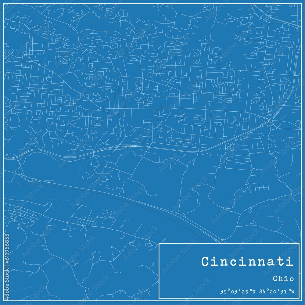Blueprint US city map of Cincinnati, Ohio. Blueprint US city map of Cincinnati, Ohio.