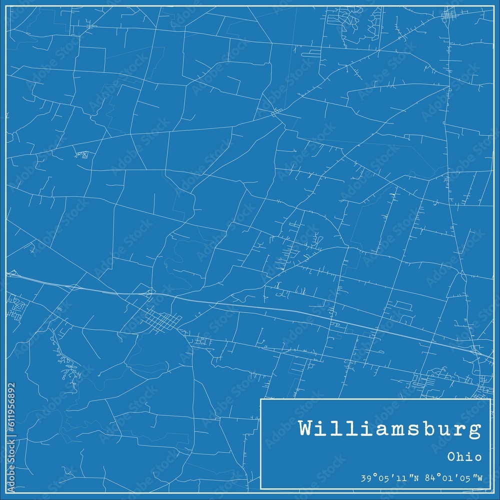 Blueprint US city map of Williamsburg, Ohio.