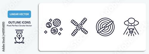 astronomy outline icons set. astronomy thin line icons pack included planets, big satellite, airscrew, ufo and cow vector.