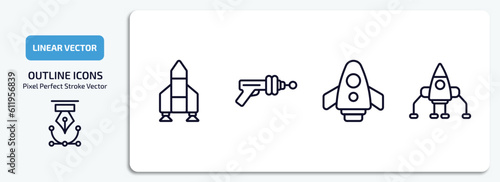 astronomy outline icons set. astronomy thin line icons pack included launching shuttle, gun blaster, space shuttle, space lander vector.