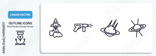 astronomy outline icons set. astronomy thin line icons pack included liftoff, laser gun, space collision, quasar vector. photo
