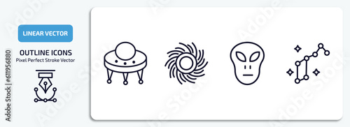 astronomy outline icons set. astronomy thin line icons pack included big ufo, black hole, little extraterrestial, lyra constellation vector.