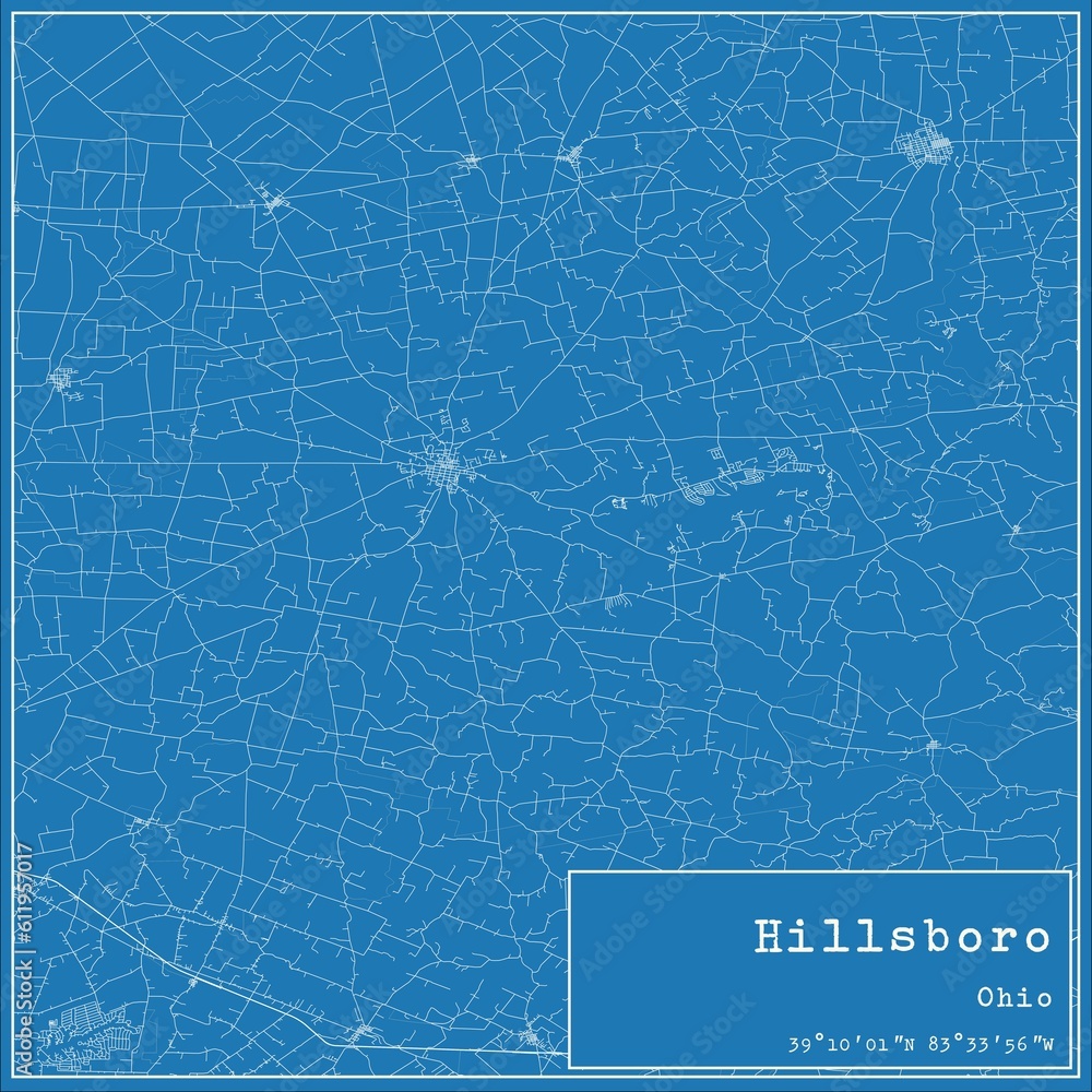Blueprint US city map of Hillsboro, Ohio.