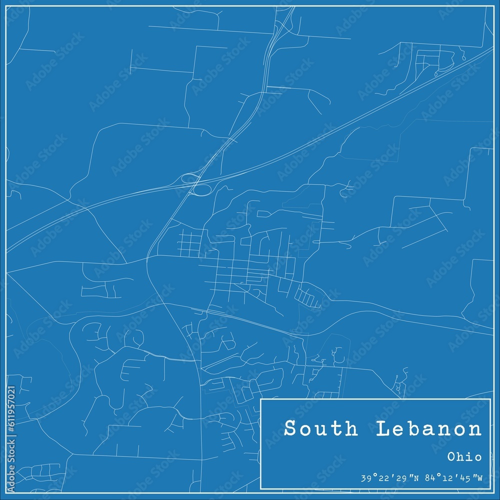 Blueprint US city map of South Lebanon, Ohio.
