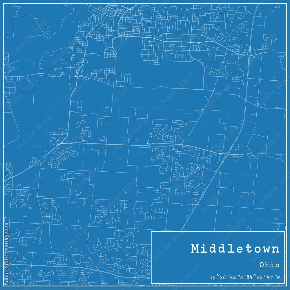 Blueprint US city map of Middletown, Ohio.