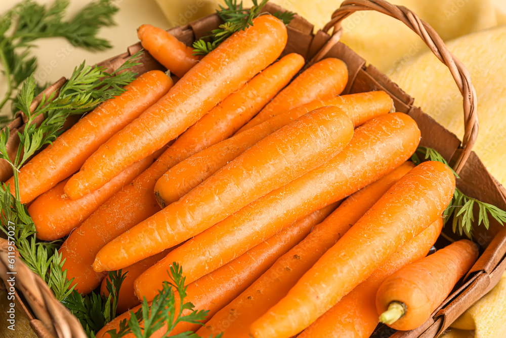 Wicker basket with fresh carrots, closeup Wicker basket with fresh carrots, closeup