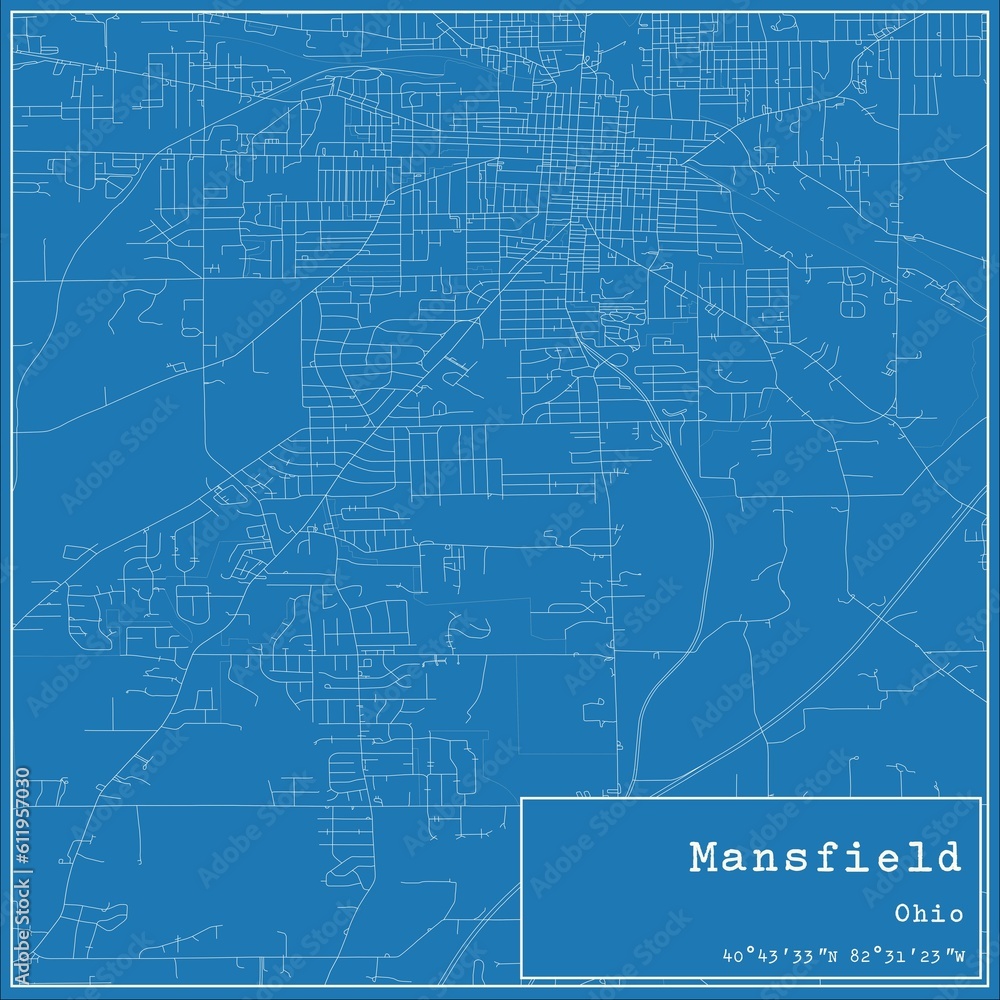 Blueprint US city map of Mansfield, Ohio. Blueprint US city map of Mansfield, Ohio.