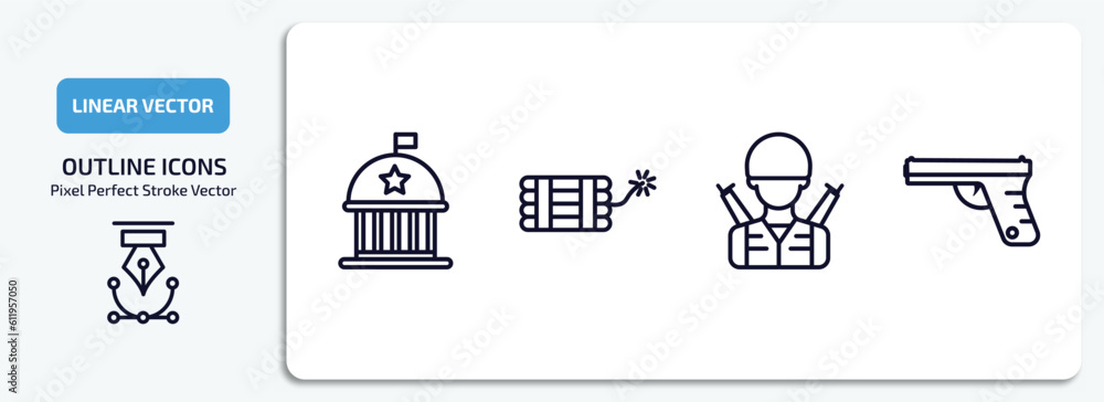 army and war outline icons set. army and war thin line icons pack included federal agency, dynamite, soldier, pistol vector. army and war outline icons set. army and war thin line icons pack included federal agency, dynamite, soldier, pistol vector.