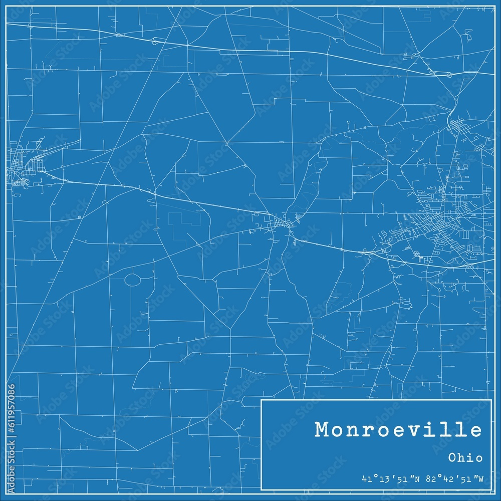 Blueprint US city map of Monroeville, Ohio.