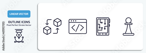 artificial intellegence outline icons set. artificial intellegence thin line icons pack included replacement, code, mobile flexible display, chess vector.
