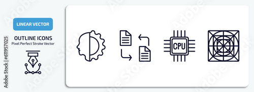 artificial intellegence outline icons set. artificial intellegence thin line icons pack included cyborg, file transfer, cpu, ai grid vector.