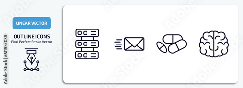 artificial intellegence outline icons set. artificial intellegence thin line icons pack included servers, mail, medicine, brain vector.