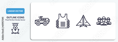 army and war outline icons set. army and war thin line icons pack included armored vehicle, bulletproof, stealth, brigade vector. photo