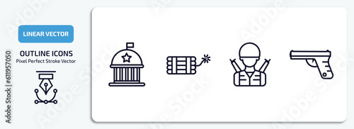 army and war outline icons set. army and war thin line icons pack included federal agency, dynamite, soldier, pistol vector.