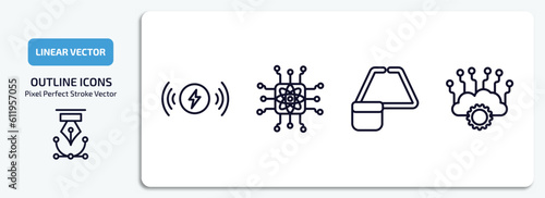artificial intellegence outline icons set. artificial intellegence thin line icons pack included wireless charging, quantum computing, ar monocle, cloud intelligence vector.