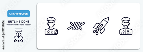 army and war outline icons set. army and war thin line icons pack included conscription, barbed, missile, veteran vector.