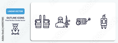 army and war outline icons set. army and war thin line icons pack included two way radio, terrorist, time bomb with clock, vector.