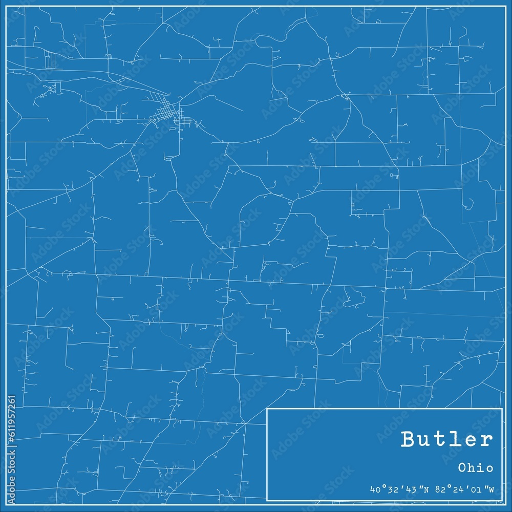 Blueprint US city map of Butler, Ohio.