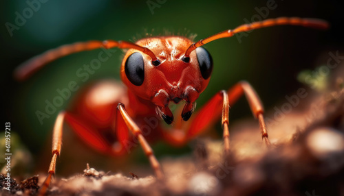 Extreme close up of Red ant on the soil ground and leaf background. Animal and insect concept. Generative AI © Virtual Art Studio