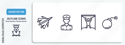 army and war collection. outline icons set. army and war collection. thin line icons pack included jet, officer, torture, bomb vector.