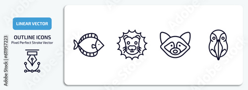 animals outline icons set. animals thin line icons pack included flounder, lion head, raccoon, deadlock vector.