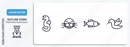animals outline icons set. animals thin line icons pack included seahorse, seal, piranha, colibri vector.