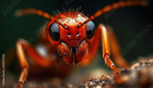 Extreme close up of Red ant on the soil ground and leaf background. Animal and insect concept. Generative AI © Virtual Art Studio