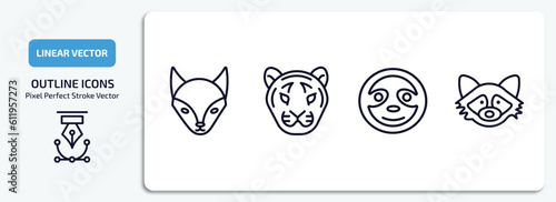animals outline icons set. animals thin line icons pack included fox, tiger, sloth, racoon vector.