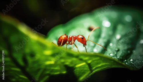 Extreme close up of Red ant on green leaf background. Animal and insect concept. Generative AI © Virtual Art Studio