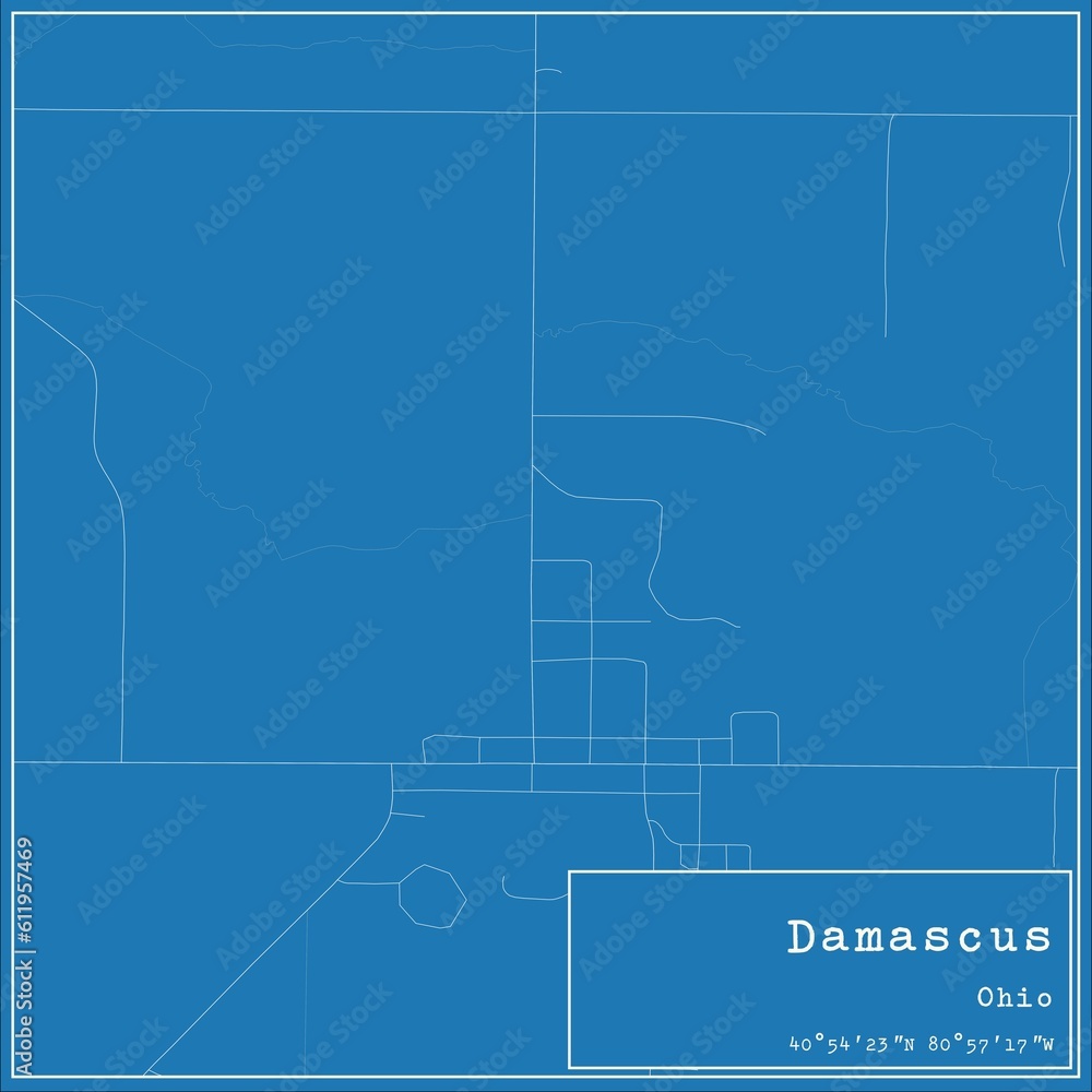 Blueprint US city map of Damascus, Ohio.