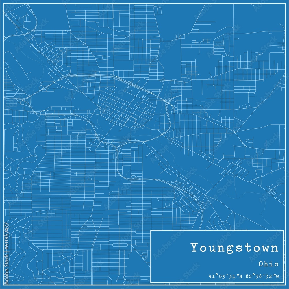 Blueprint US city map of Youngstown, Ohio.